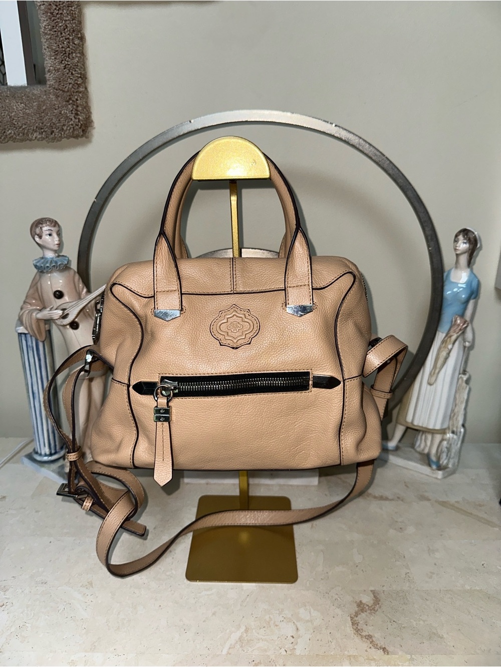 Oryany Soft Leather Crossbody Satchel in Tan with Front Zip Pocket